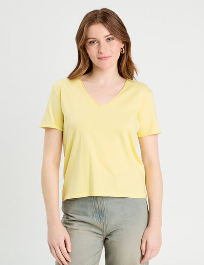 T-shirt col en V jaune clair femme