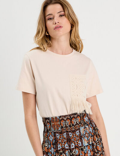 T-shirt poche effet crochet beige femme