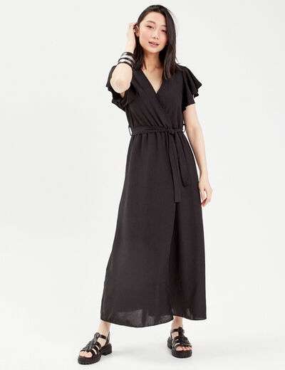 Robe longue évasée cache-coeur noir femme