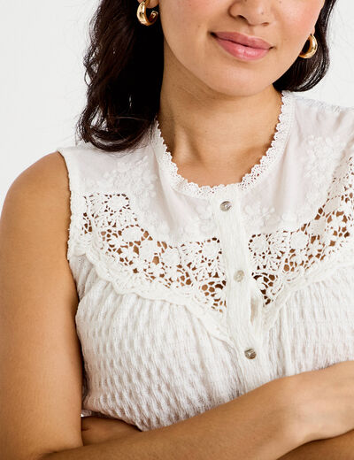 Blouse sans manches plastron brod&eacute; ecru femme