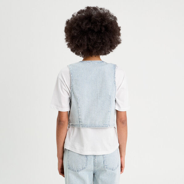 veston sans manches en jean bleu gris femme Veston sans manches en jean bleu gris femme