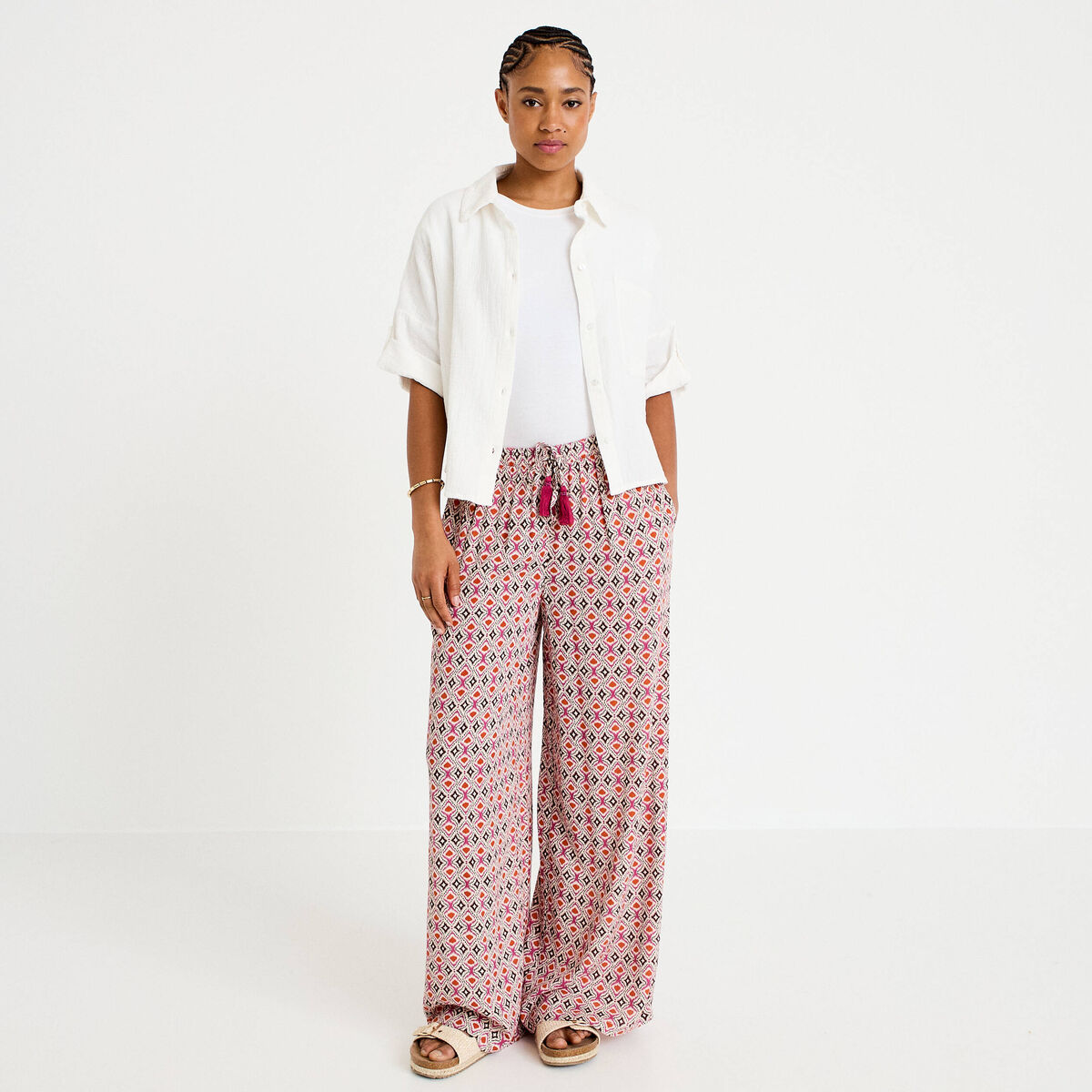 Pantalon large taille standard blanc femme