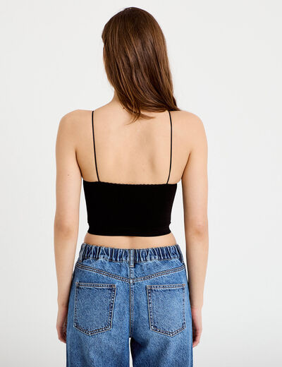 Crop top c&ocirc;tel&eacute; noir femme