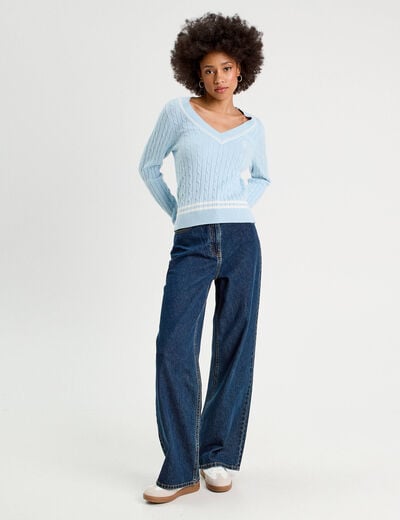 Pull manches longues torsades bleu pastel femme