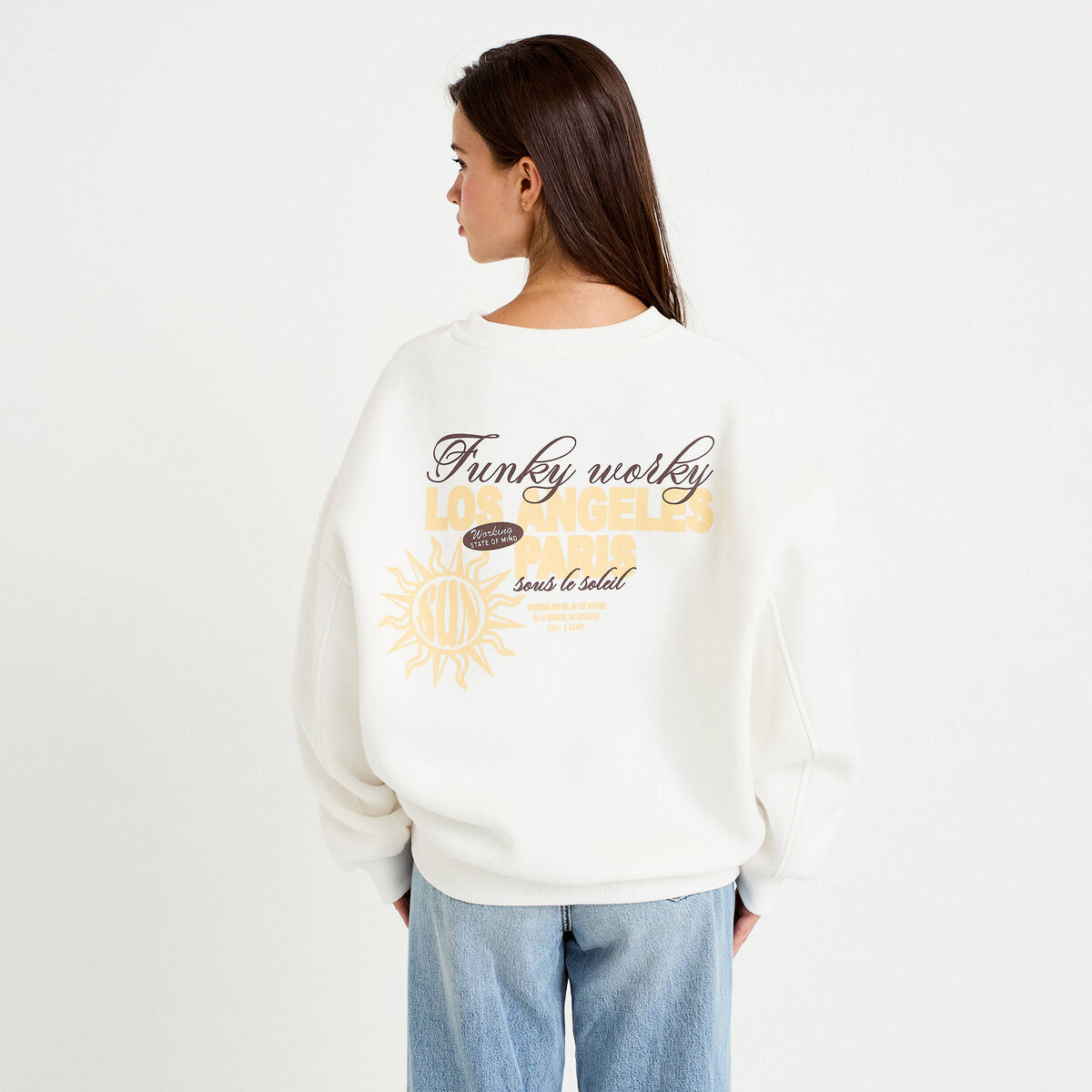 Sweat col rond manches longues ecru femme