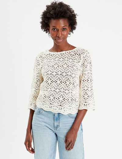 T-shirt manches 3/4 macramé ecru femme