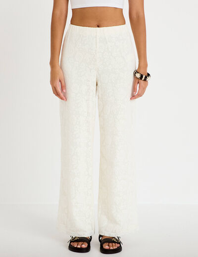 Pantalon large taille haute ecru femme
