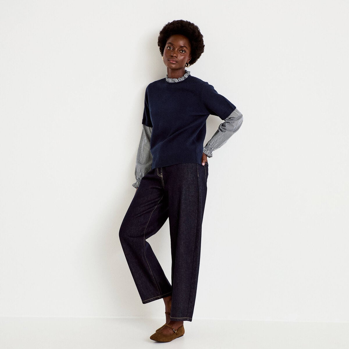 Pull col rond vichy manches longues bleu marine femme
