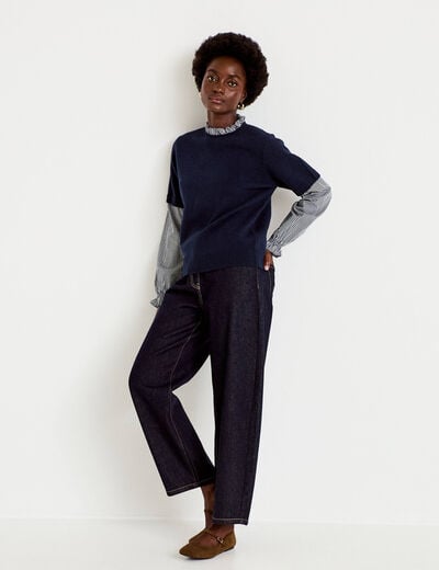 Pull col rond vichy manches longues bleu marine femme