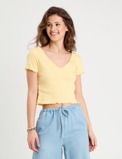T-shirt côtelé manches courtes jaune clair femme