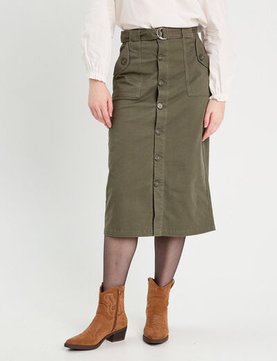 Jupe midi droite ceinturée vert kaki femme
