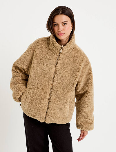 Parka r&eacute;versible effet polaire taupe femme