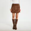 Jupe-short trap&egrave;ze taille haute daim marron femme