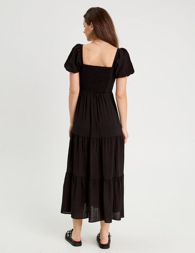 Robe longue évasée smockée noir femme