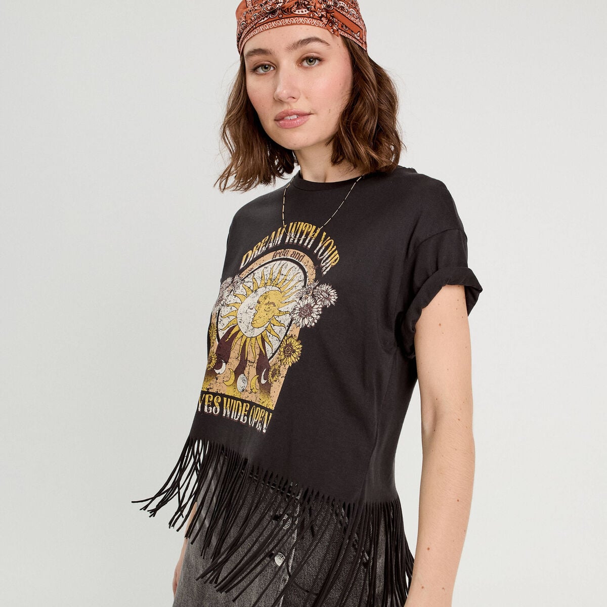 T-shirt avec franges noir femme