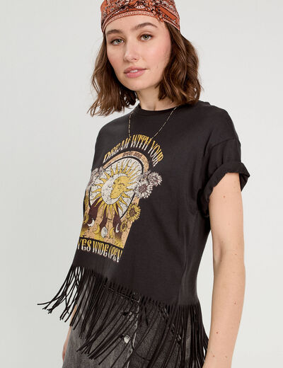 T-shirt avec franges noir femme