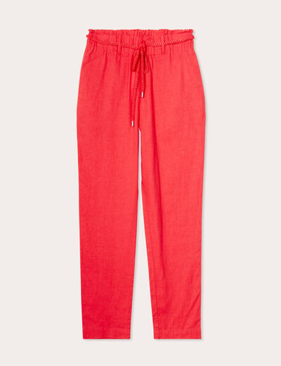 Pantalon droit fluide contenant du lin rouge femme