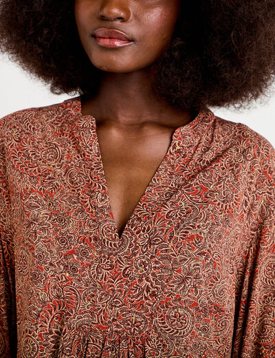 Blouse col v manches longues rouge fonc&eacute; femme