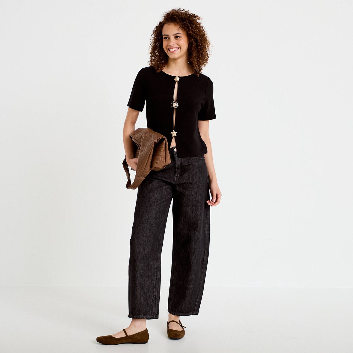 Gilet droit court manches courtes noir femme