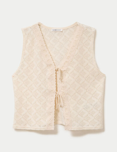 Gilet sans manches col v macram&eacute; ecru femme