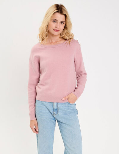 Pull fin col rond manches longues rose poudr&eacute;e femme