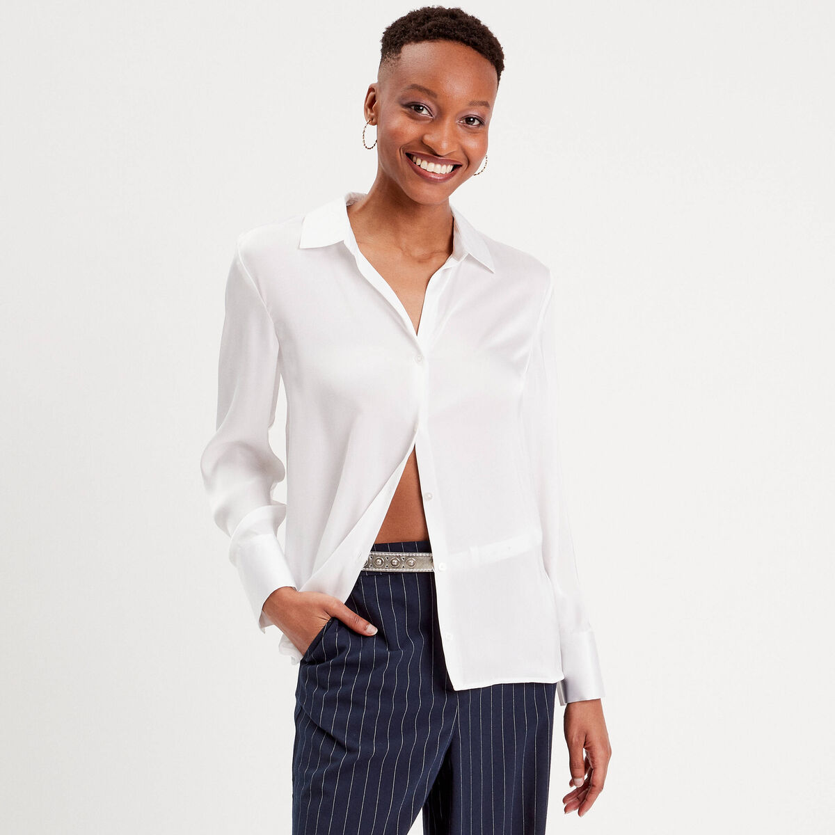 Chemise manches longues satin blanc femme
