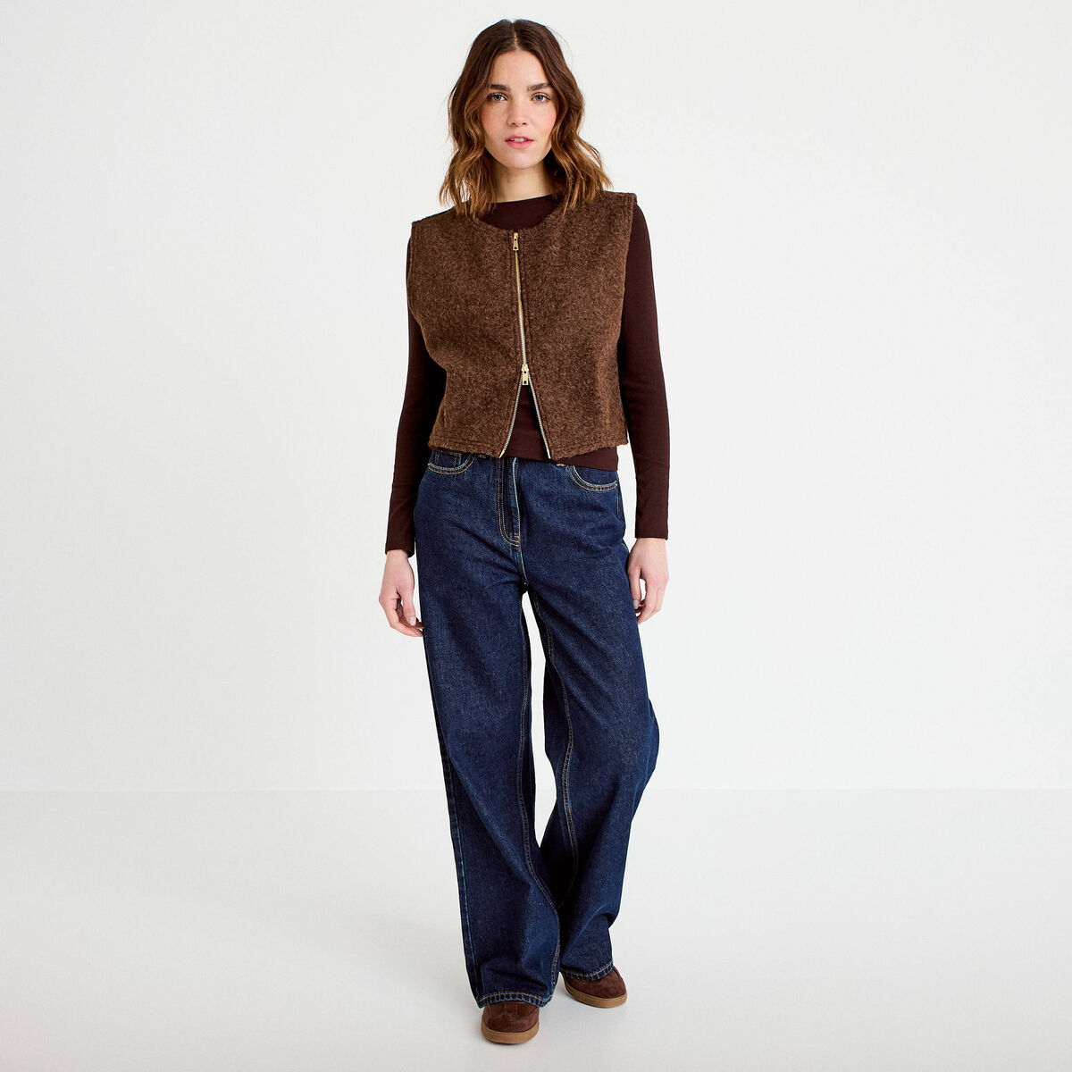 Veste sans manches effet polaire marron fonc&eacute; femme