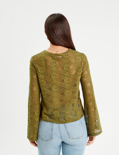 T-shirt ajouré manches pagodes vert olive femme