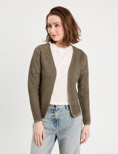 Gilet manches longues ajour&eacute; vert kaki femme