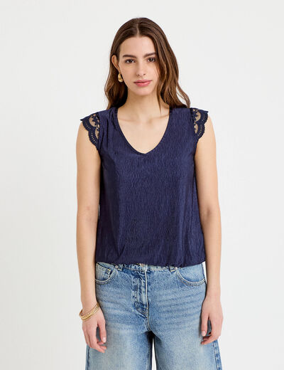 Blouse sans manches pliss&eacute;e bleu marine femme