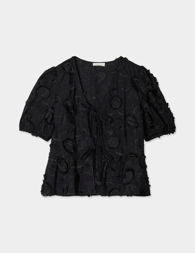 Blouse manches courtes noeuds noir femme