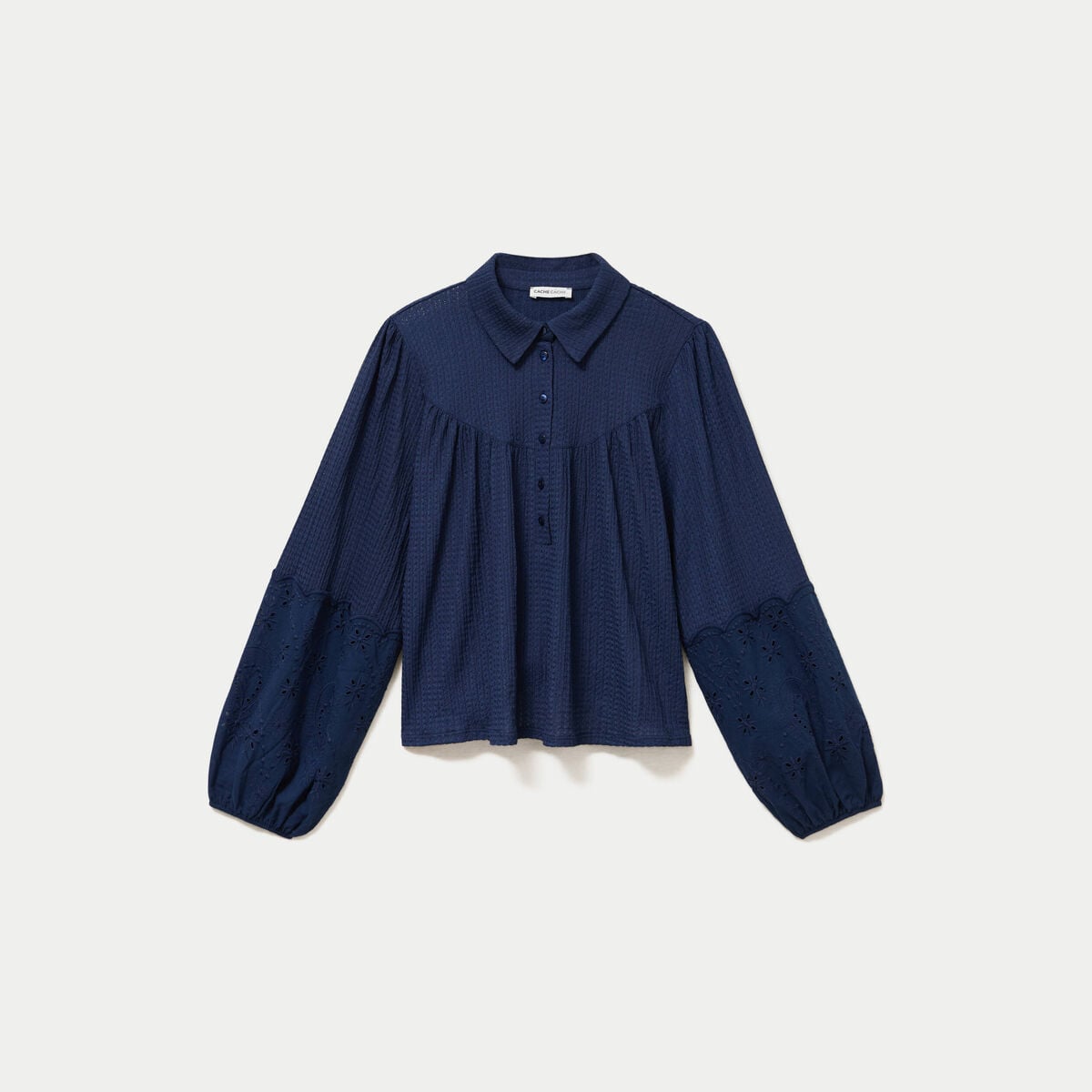 Blouse manches longues broderie bleu fonc&eacute; femme