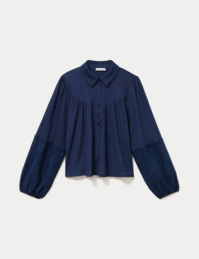 Blouse manches longues broderie bleu fonc&eacute; femme