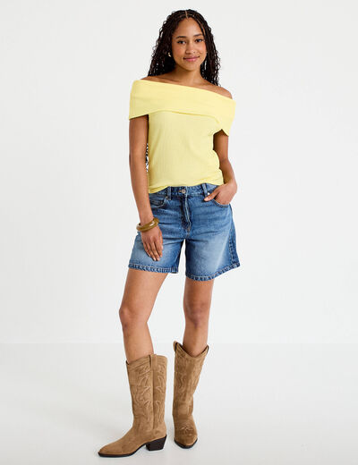 Top col bardot jaune pastel femme