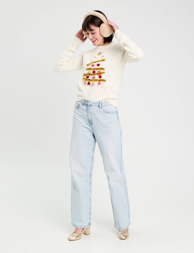 Pull pompons et guirlandes ecru femme