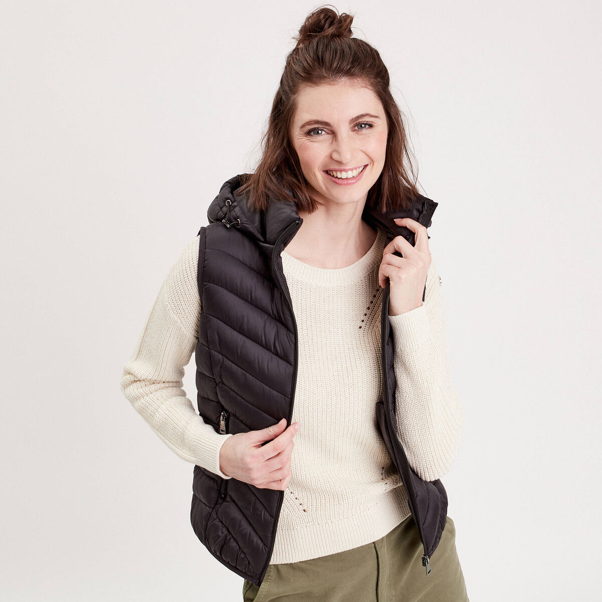 Doudoune droite à capuche noir femme