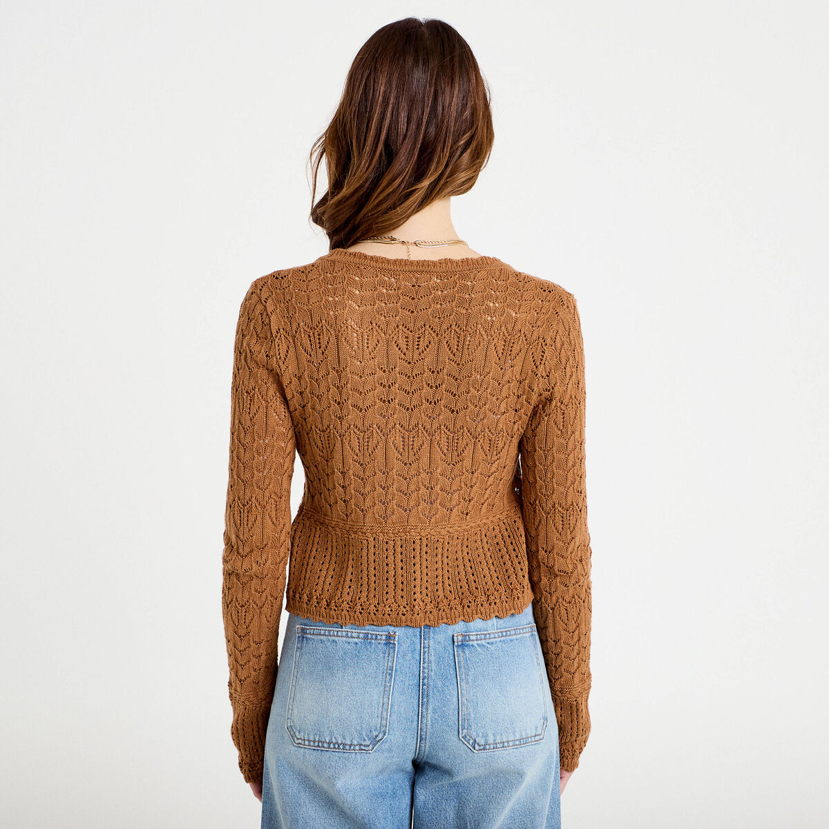 Gilet ajour&eacute; cintr&eacute; manches longues beige femme