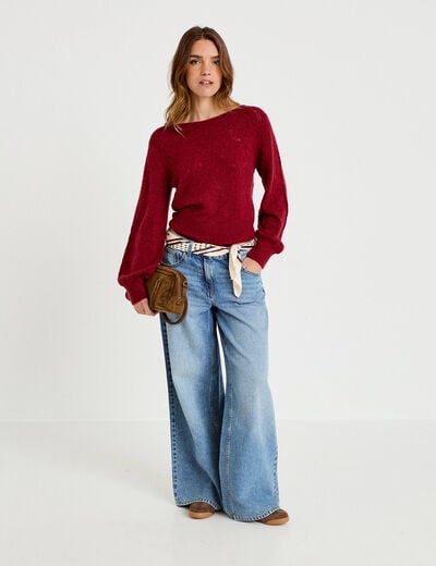 Pull ajour&eacute; col bateau manches longues rouge fonc&eacute; femme
