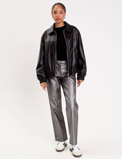 Bomber oversize similicuir col chemise noir femme