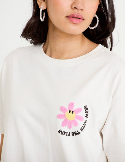 T-shirt col rond manches courtes ecru femme