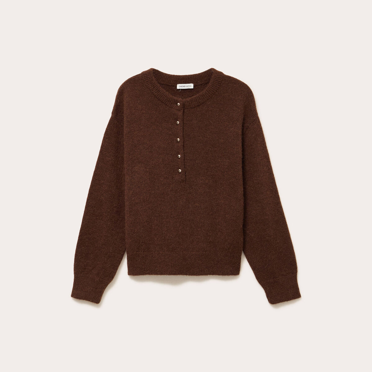 Pull col rond boutonn&eacute; marron femme