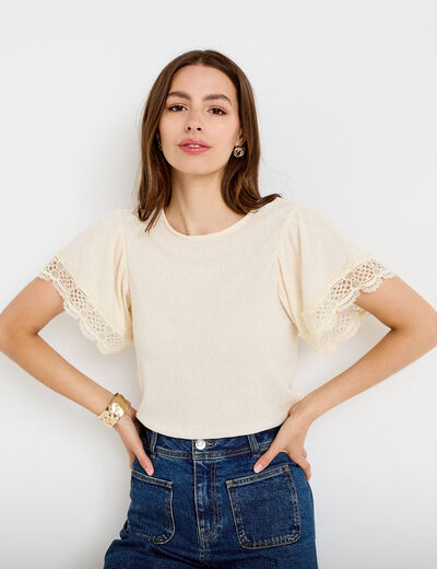 T-shirt col rond manches courtes ecru femme