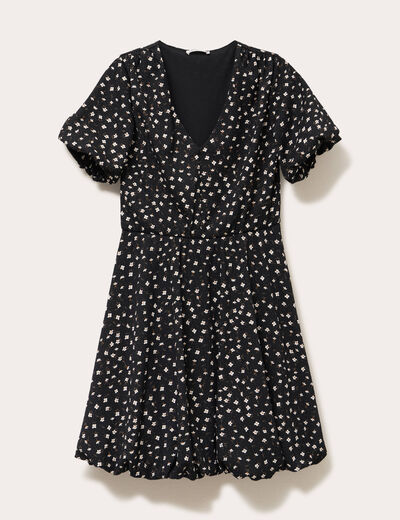 Robe courte évasée col v manches courtes noir femme