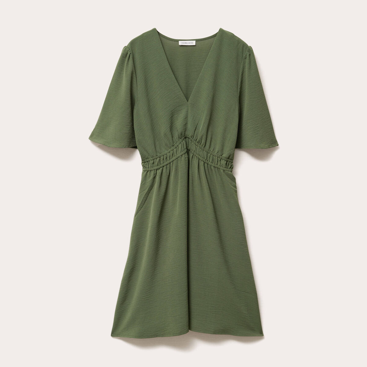 Robe évasée taille élastiquée vert kaki femme