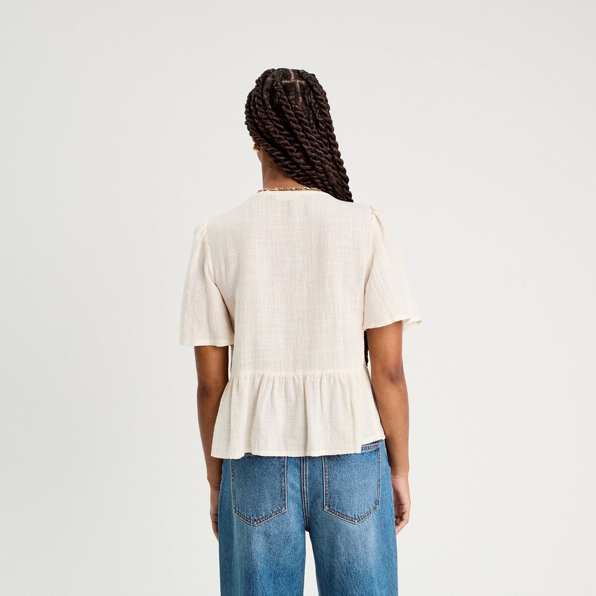 Blouse manches courtes noeuds ecru femme