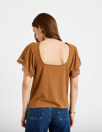 T-shirt col rond manches courtes beige femme