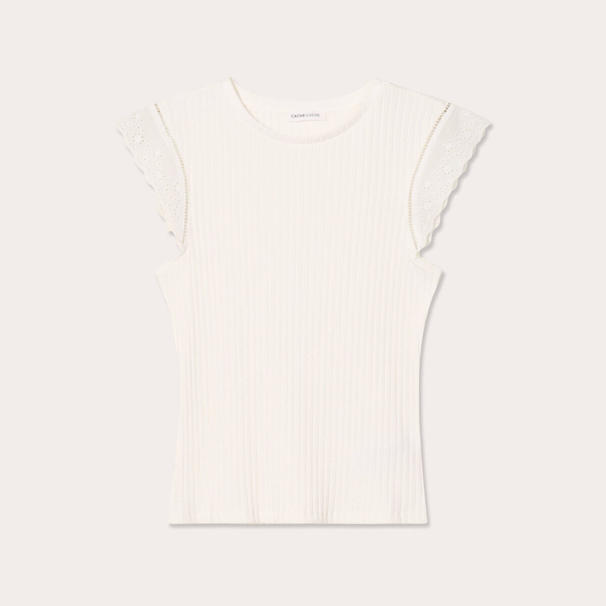 T-shirt côtelé manches courtes ecru femme