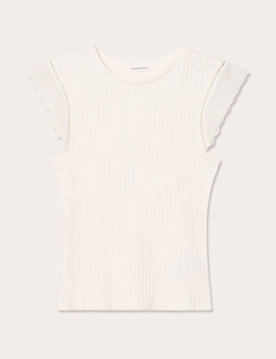 T-shirt côtelé manches courtes ecru femme