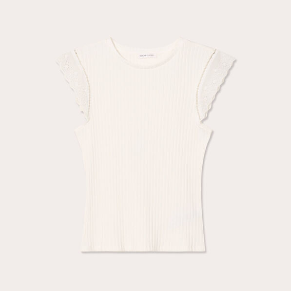 t shirt cotele manches courtes ecru femme T-shirt côtelé manches courtes ecru femme