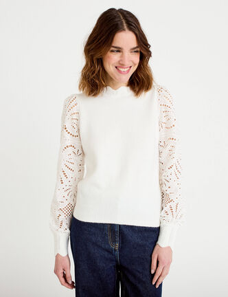 Pull manches ajour&eacute;es ecru femme
